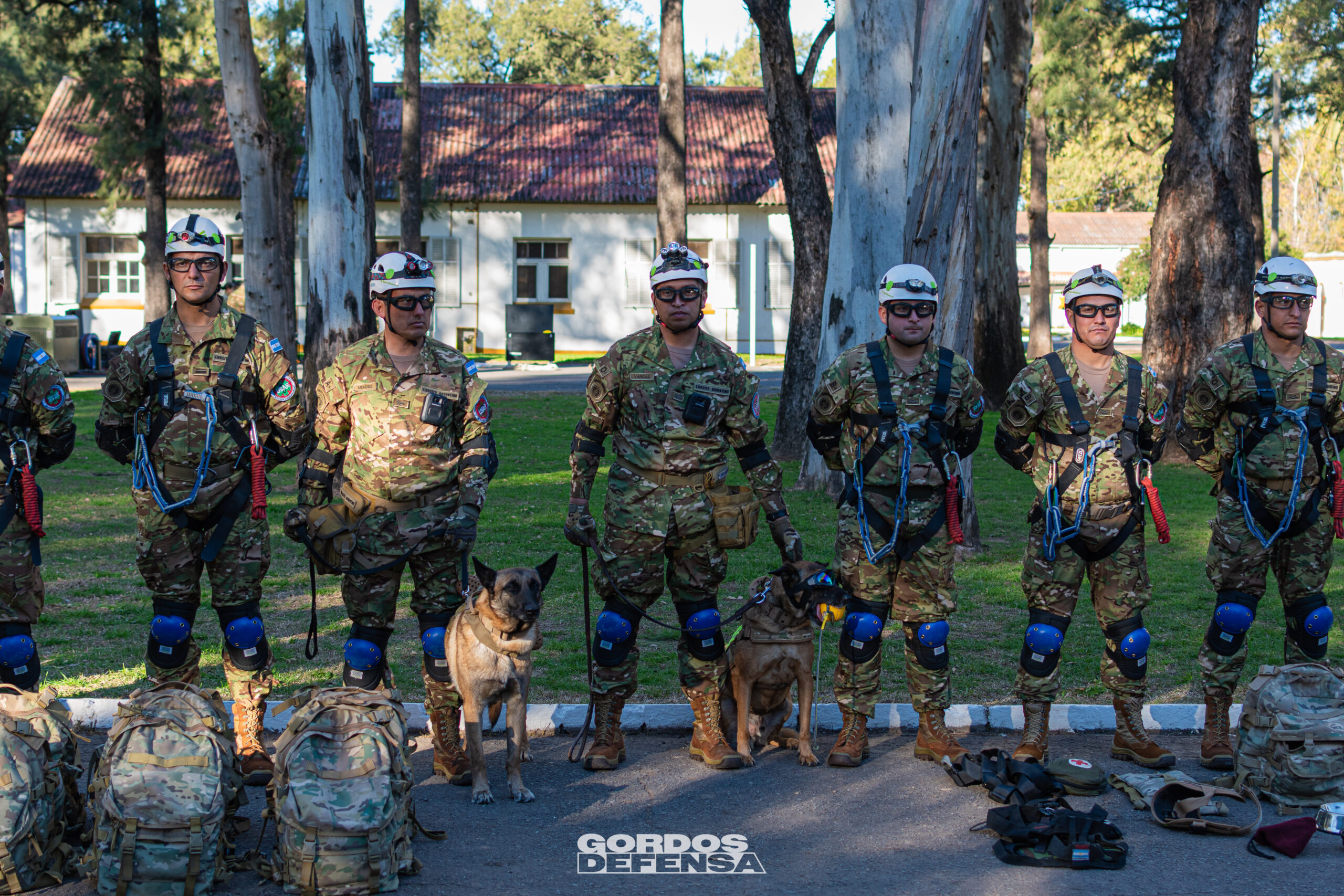 Brigadistas USAR del Ejército Argentino formados con binomios K9 antes del despliegue a Venezuela.