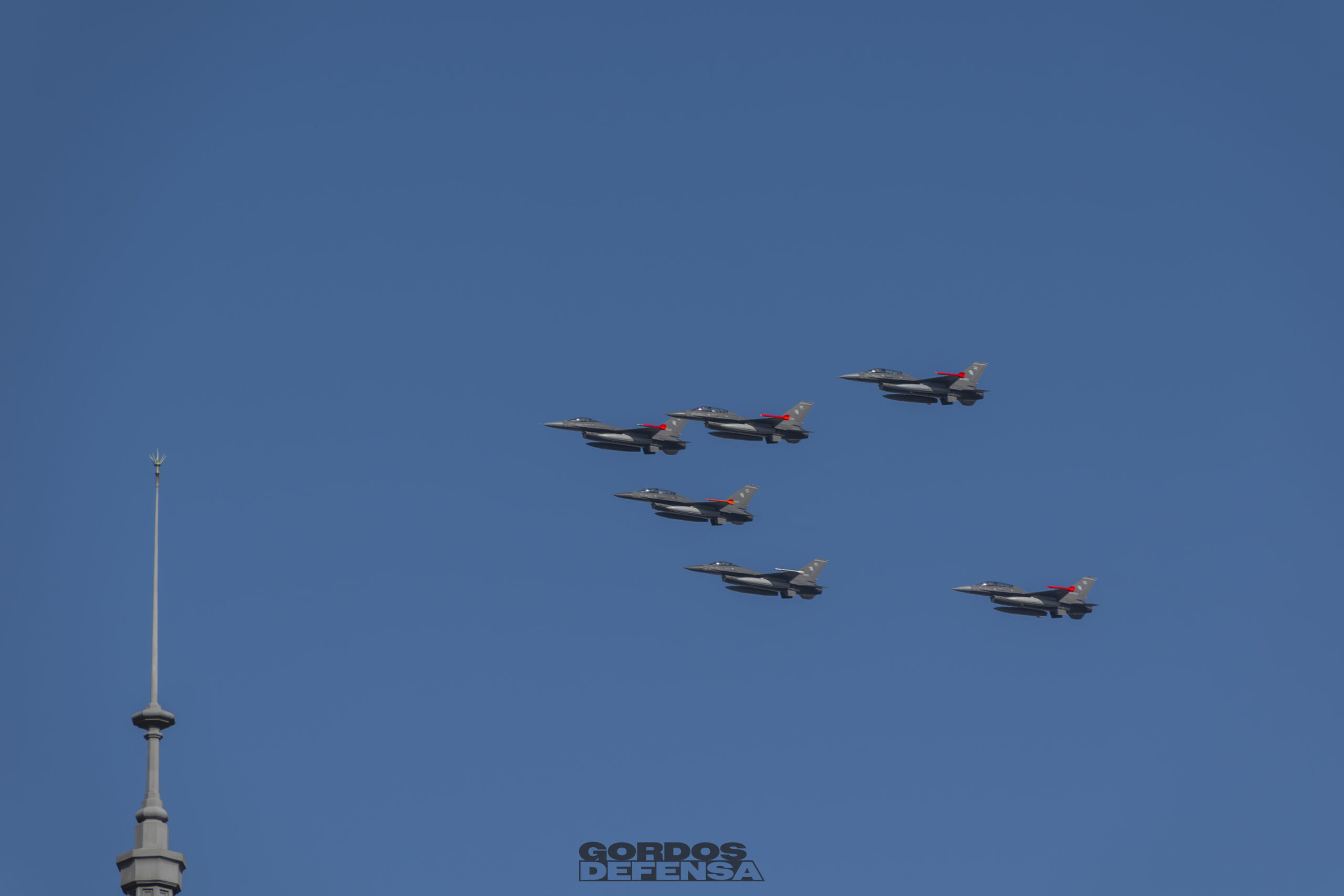 Formación de seis F-16 Fighting Falcon de la Fuerza Aérea Argentina sobrevolando Buenos Aires en diciembre de 2025