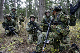 Soldados de las Fuerzas Terrestres de Autodefensa de Japón durante un ejercicio de infantería en terreno boscoso