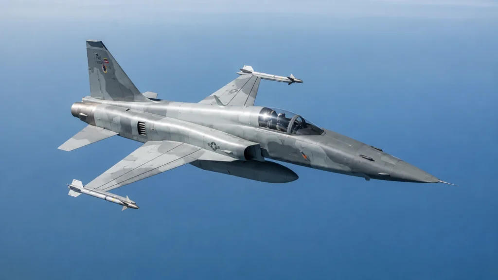 Caza F-5 Tiger II en vuelo armado con misiles aire-aire, origen a confirmar