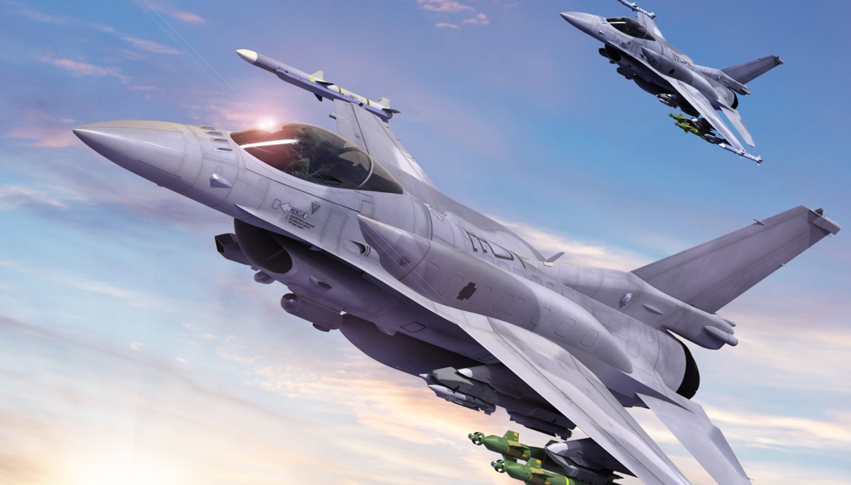 Render de L3Harris de dos F-16 Block 70 en vuelo, plataforma que integrará la suite de guerra electrónica Viper Shield elegida por Perú