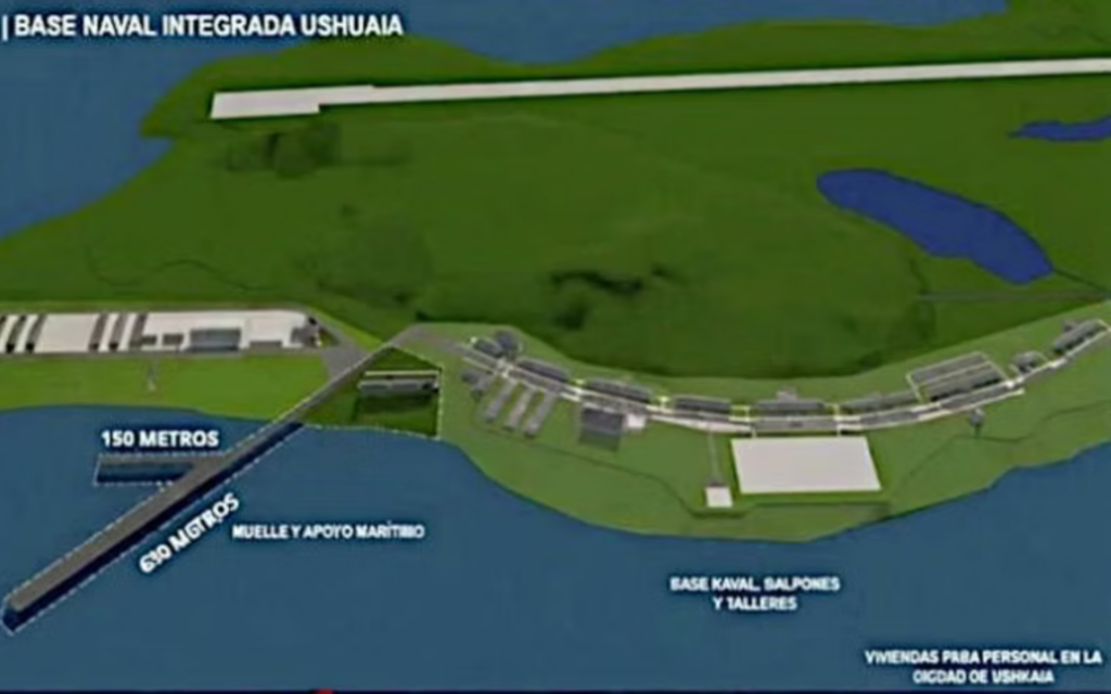 Render oficial de la Armada Argentina de la Base Naval Integrada Ushuaia, con el muelle proyectado, los galpones y talleres sobre la bahía.