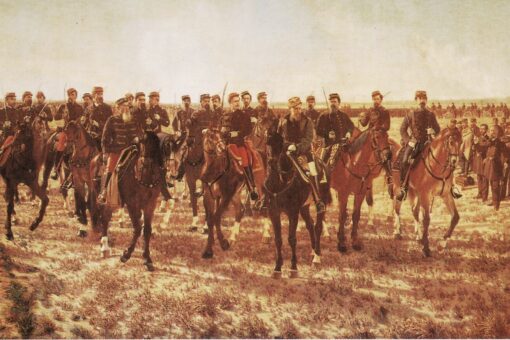 Óleo de Juan Manuel Blanes sobre la Conquista del Desierto, con Julio Argentino Roca y su plana mayor a caballo en la llanura patagónica