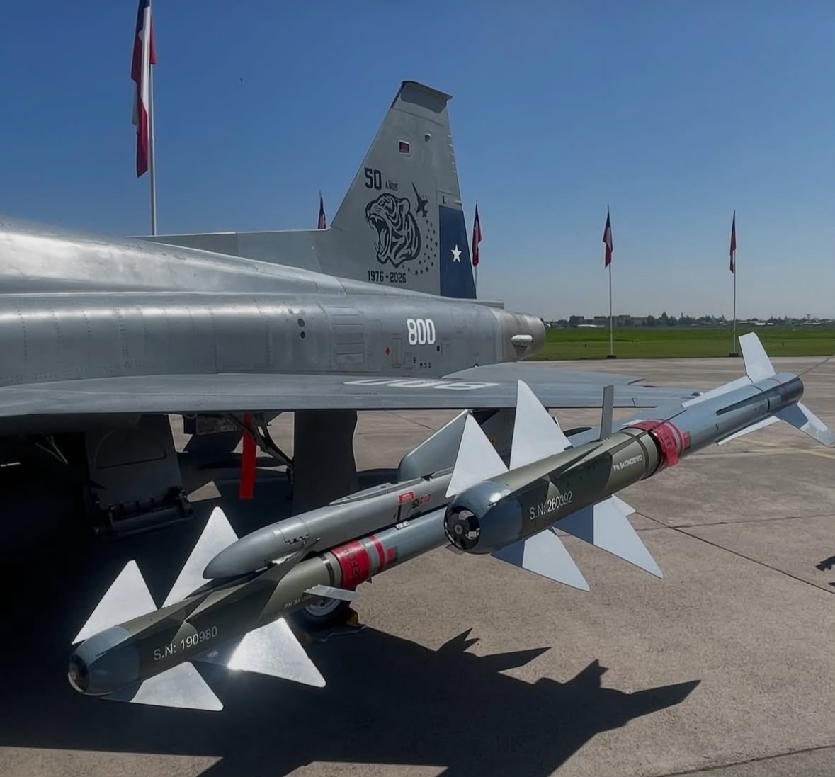 F-5 Tigre III de la FACh matrícula 800, con decoración por sus 50 años, armado con misiles Python bajo el ala (96)