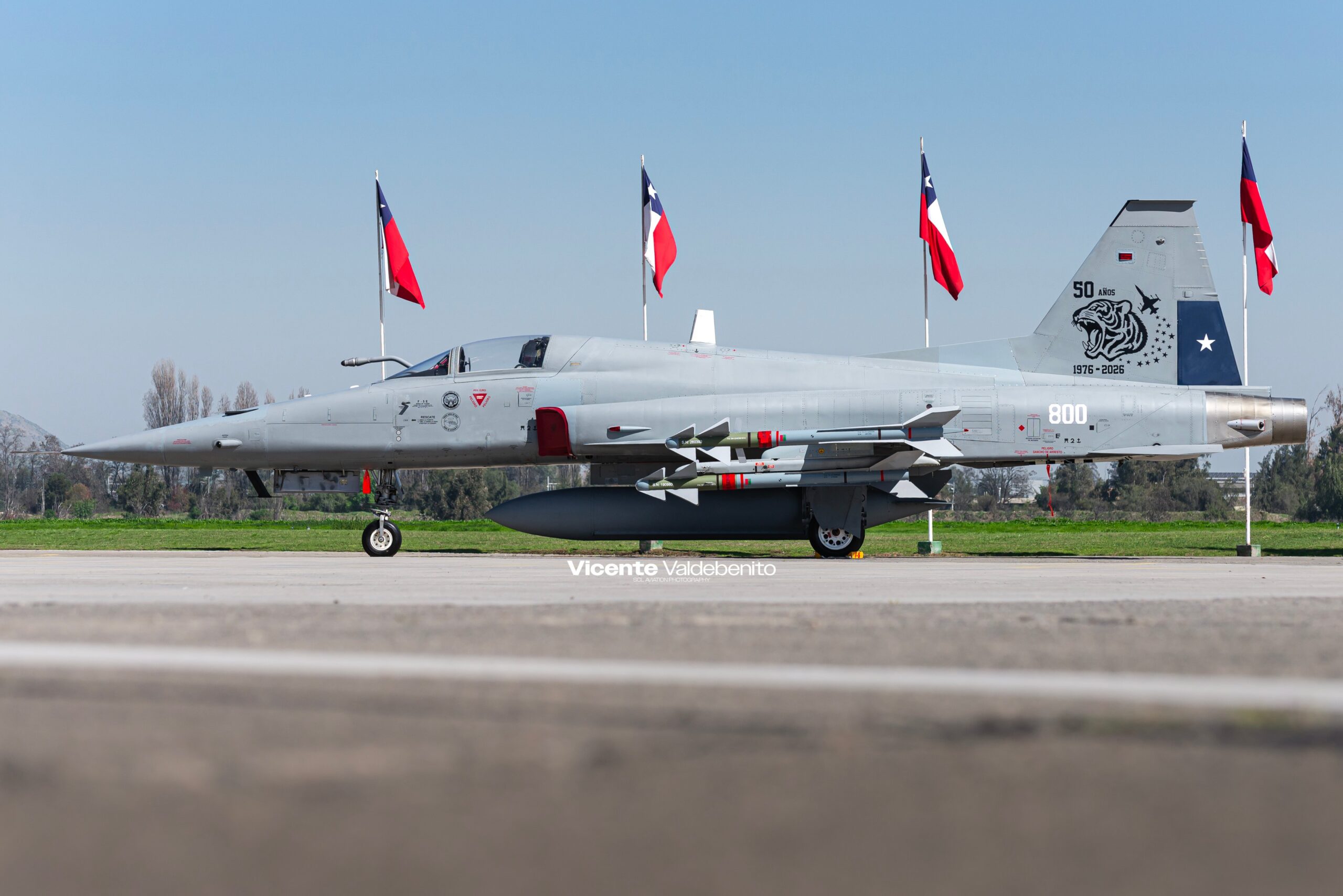 Caza F-5E Tigre III de la FACh matrícula 800, con decoración por sus 50 años y misiles bajo el ala (93)