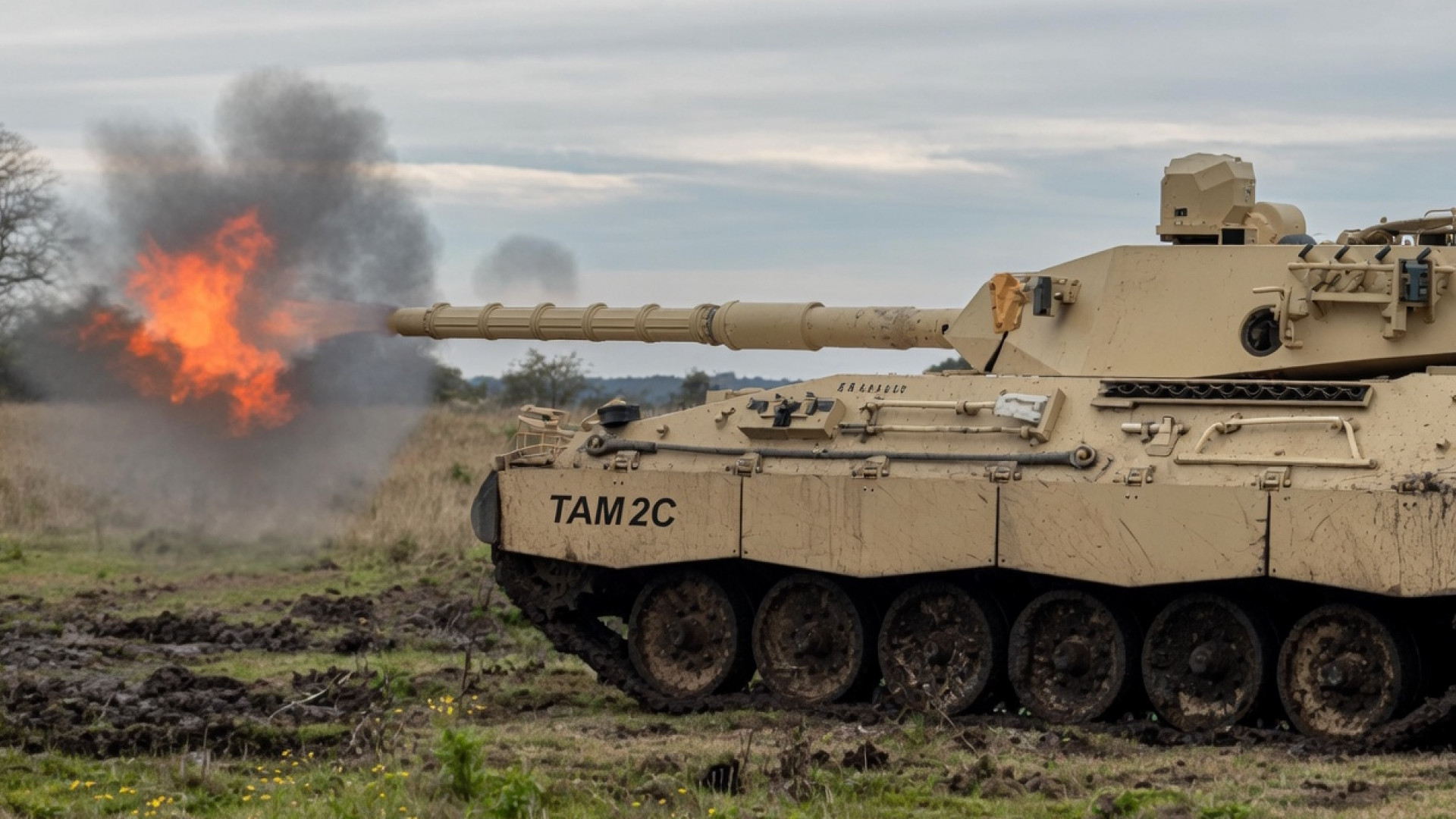 Tanque TAM 2C del Ejército Argentino en el momento del disparo, ilustrando la munición de 105 mm para el TAM