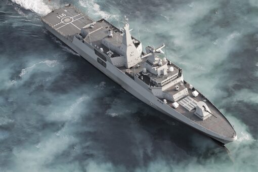 Render digital de la fragata MEKO A-200 de thyssenkrupp Marine Systems en vista aérea, imagen referencial de la oferta alemana a la Armada Argentina. Imagen: thyssenkrupp Marine Systems