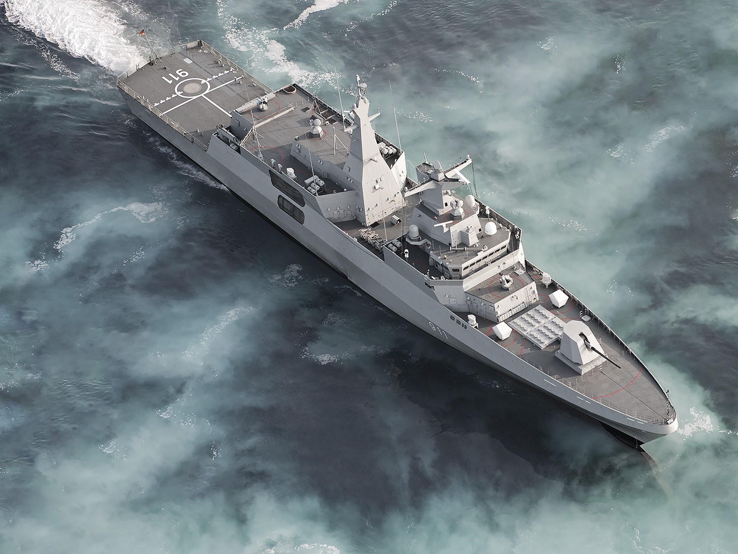 Render digital de la fragata MEKO A-200 de thyssenkrupp Marine Systems en vista aérea, imagen referencial de la oferta alemana a la Armada Argentina. Imagen: thyssenkrupp Marine Systems