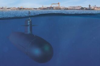 Render de un submarino clase Scorpène navegando a cota periscópica, imagen referencial. Crédito: Naval Group