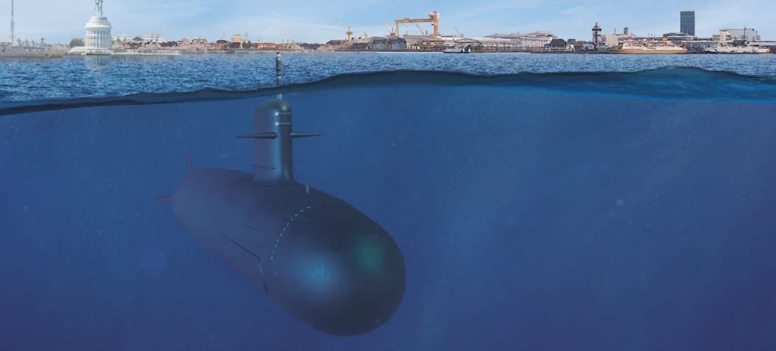 Render de un submarino clase Scorpène navegando a cota periscópica, imagen referencial. Crédito: Naval Group